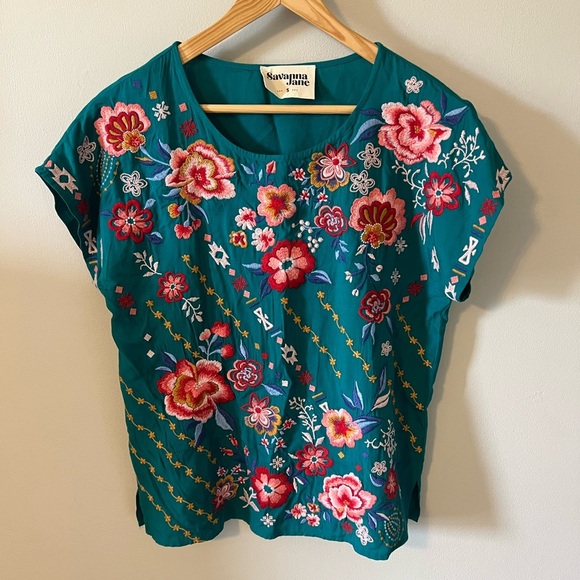 Savanna Jane Teal Classic Dolman Sleeve Embroidered Top - Picture 4 of 9